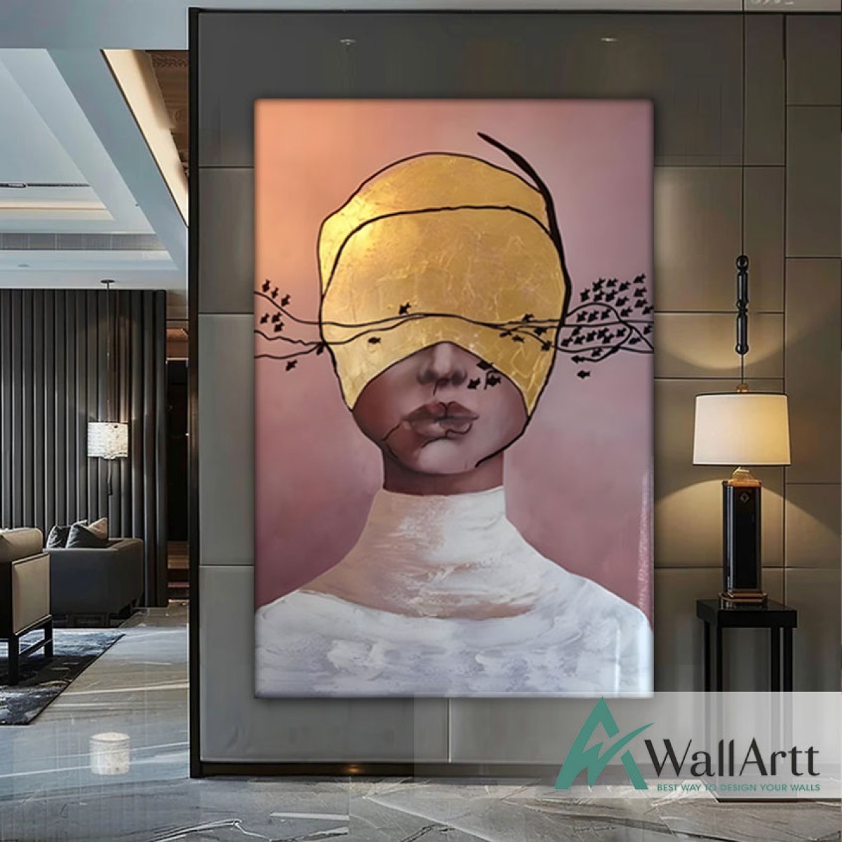 Gold Foil Woman Face Textured Partial Oil Painting - Wall Art 